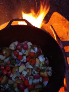 food in cast iron over fire