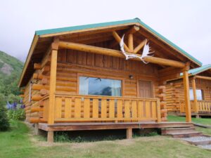 Wood cabin with antlers over the door