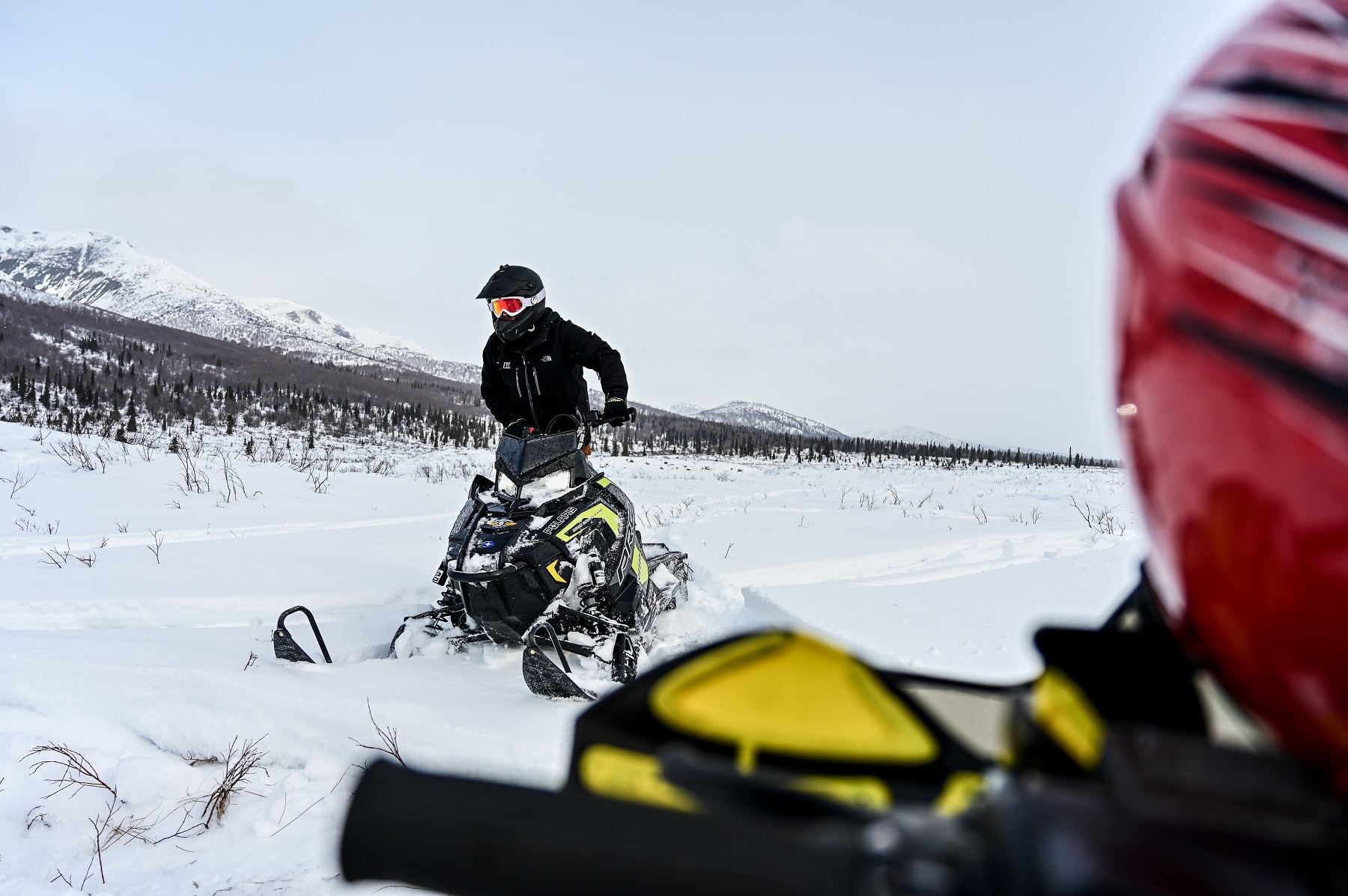 Person snowmobiling through Alaska