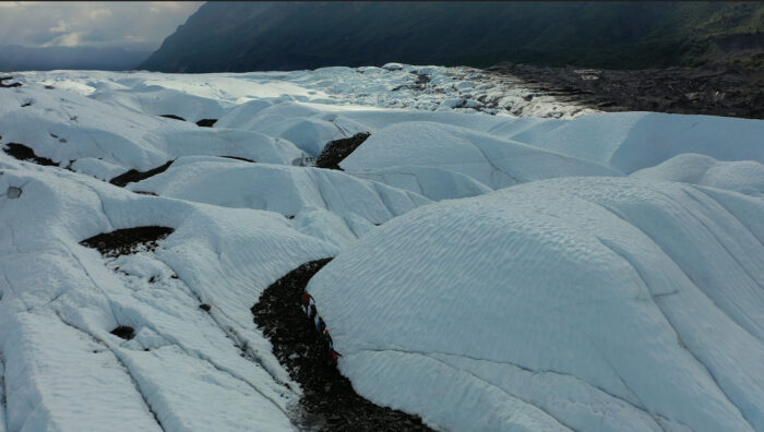 aerial moraine shot of the Matanuska Glacier