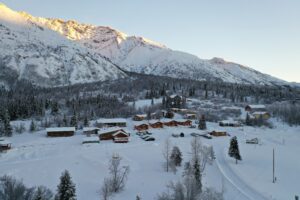 Sheep Mountain Lodge aerial shot wintertime