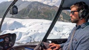 aerial view of Matanuska glacier from interior of helicopter